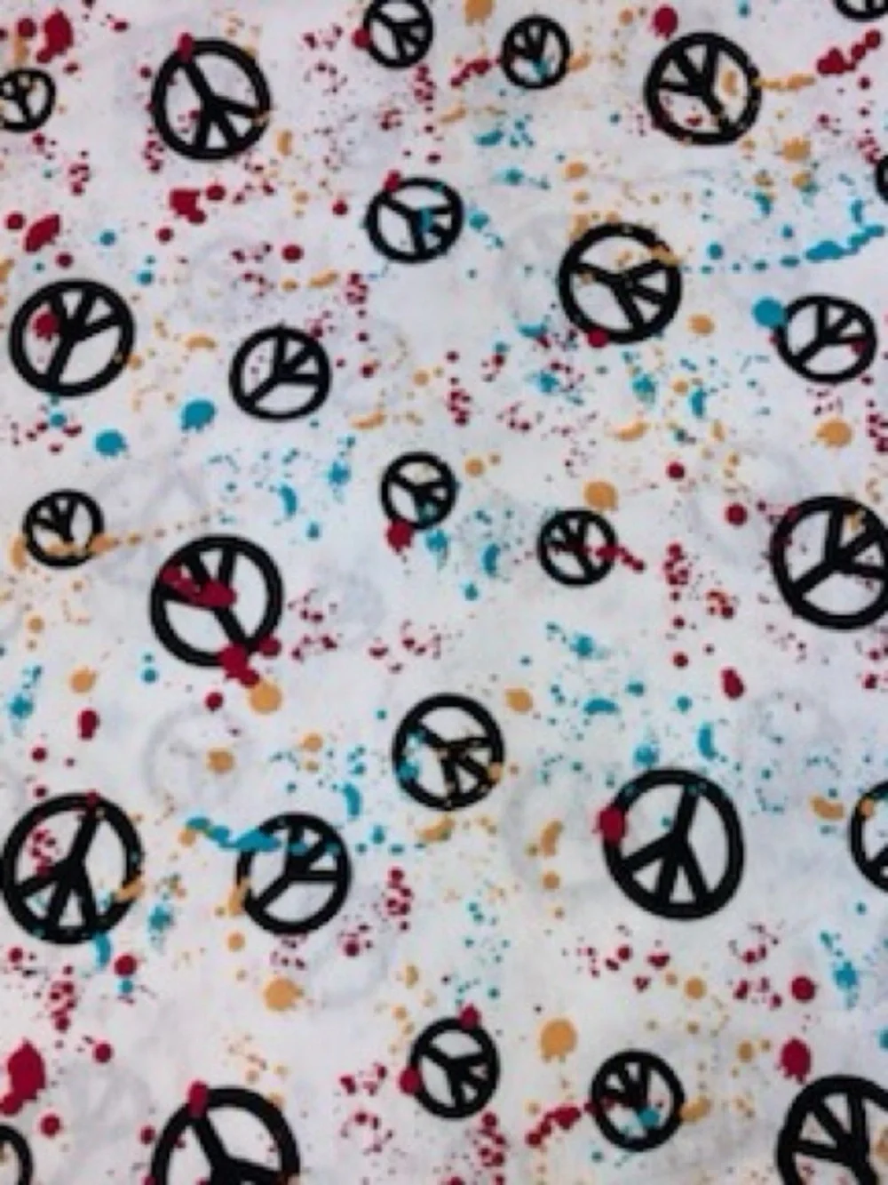 Peace Signs On White Paint Splatter Fabric 1 Yd X 64”
